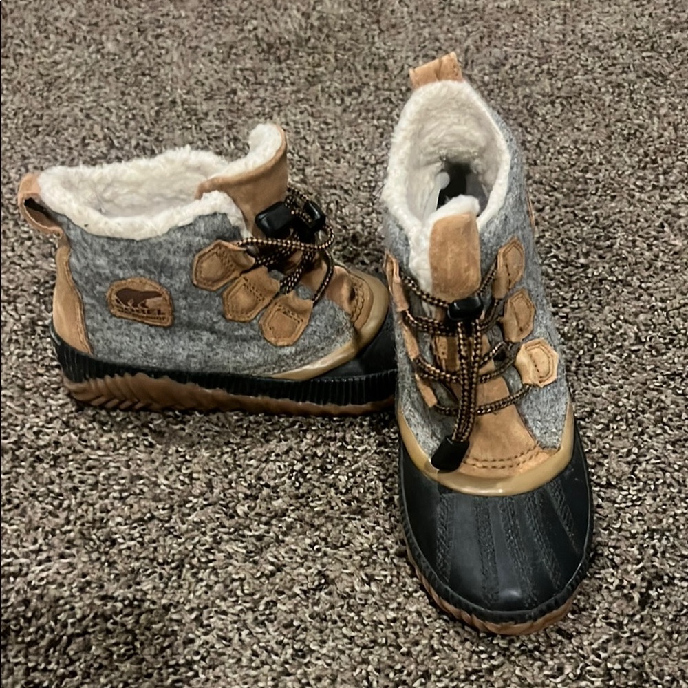 Kids Sorel Winter Boots - Gray, Navy, and Tan